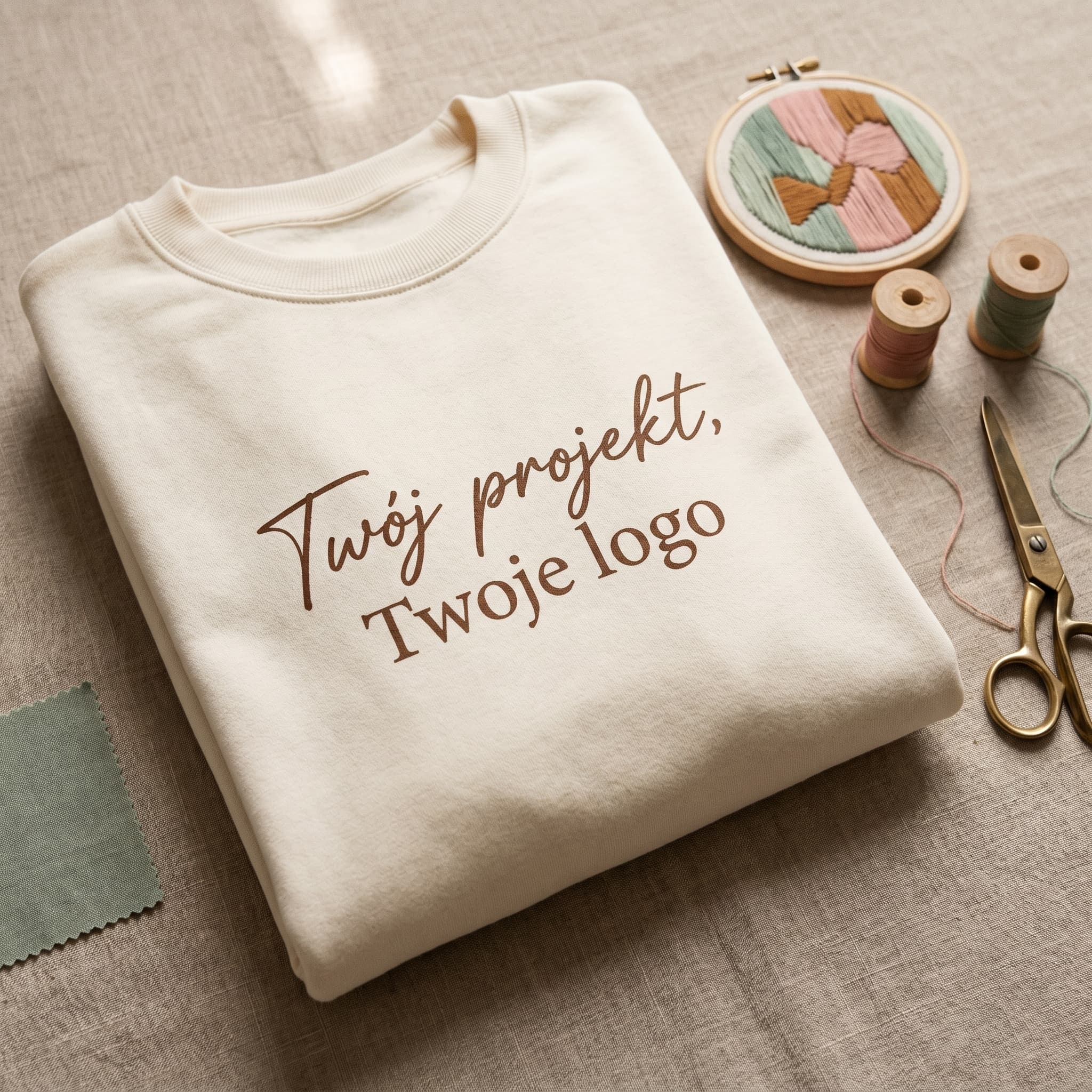 Kremowa bluza z napisem Twój projekt, Twoje logo - personalizacja w pracowni PoduśAnka