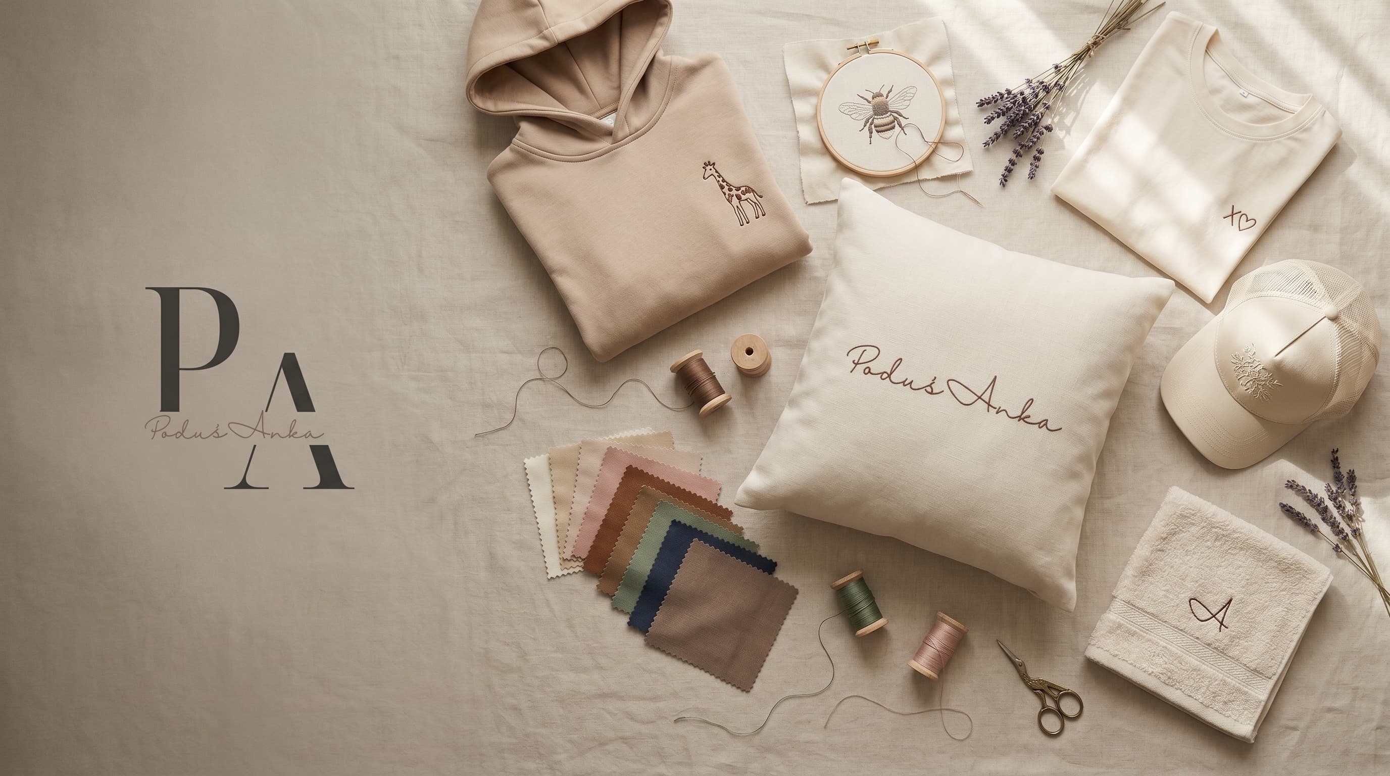Atelier PoduśAnka z gotowymi produktami: poduszka z haftem, bluza z żyrafą, koszulka z XO, czapka, ręcznik, próbki tkanin i nici